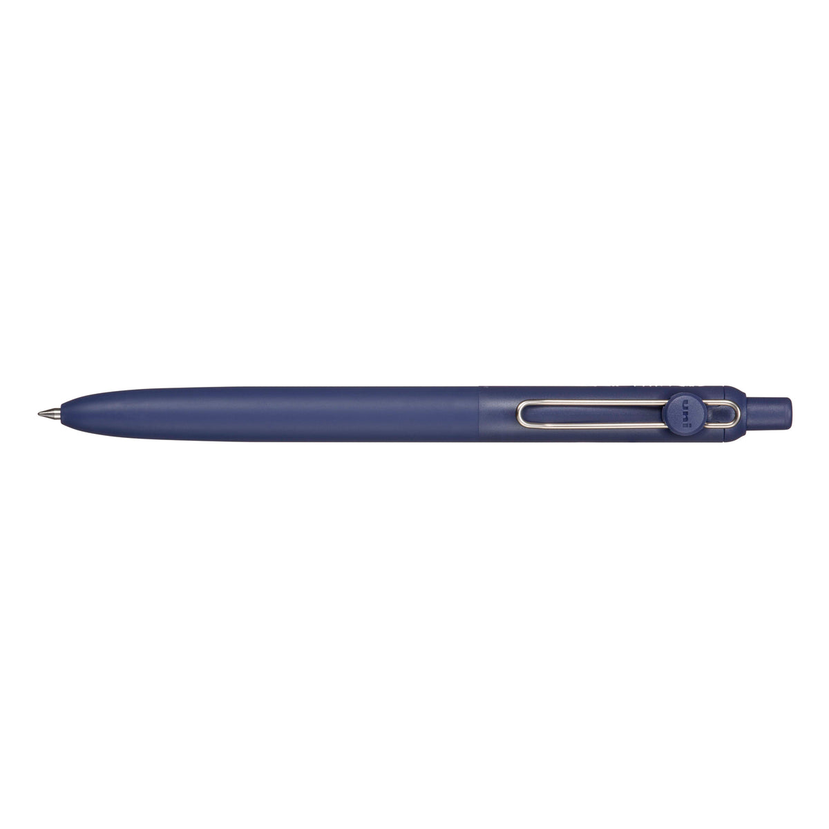 A dark blue ballpoint pen with a silver metal tip, shown horizontally against a plain white background.